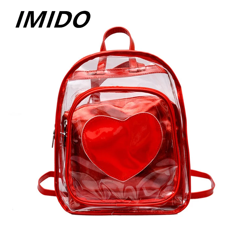 

IMIDO 2019 Spring Summer New Style Laser Transparent Jelly Female Backpack Ribbon Travel Motion Shopping Personality Heart Shape