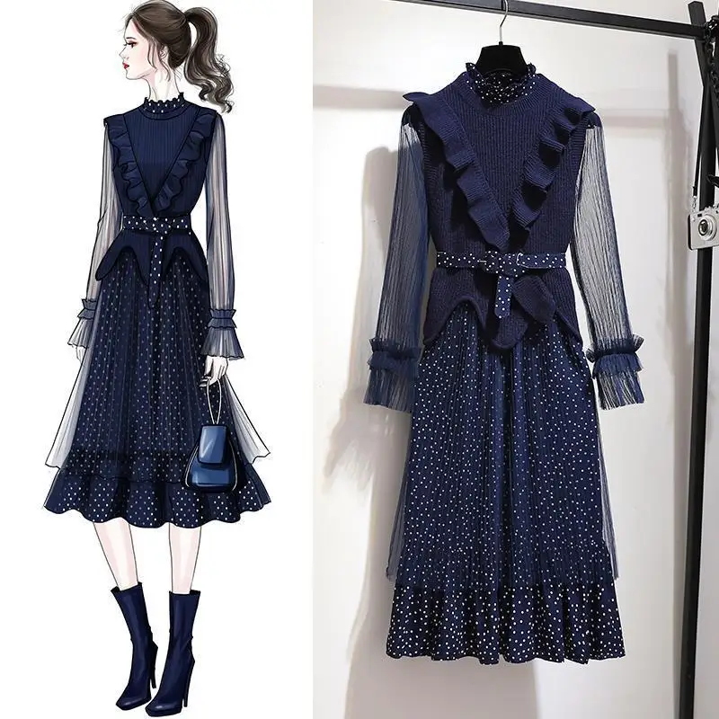 

2019 New Spring Summer Women's Ruffle Knit Sweater Vest Polka Dot Print Mesh Skirt Two Piece Elegant Set Female Sashes Suit J142