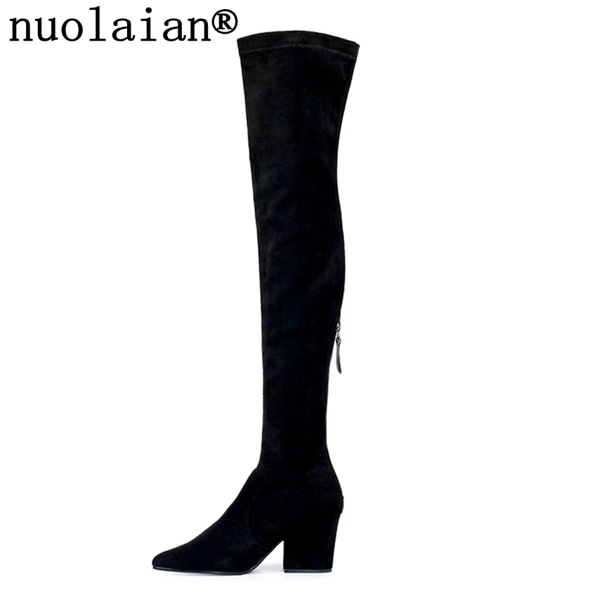 

7.5CM High Heel Boots Women's Black Winter Shoes Faux Suede Leather Boot Lady High Heels Over The Knee Thigh High Boots Woman