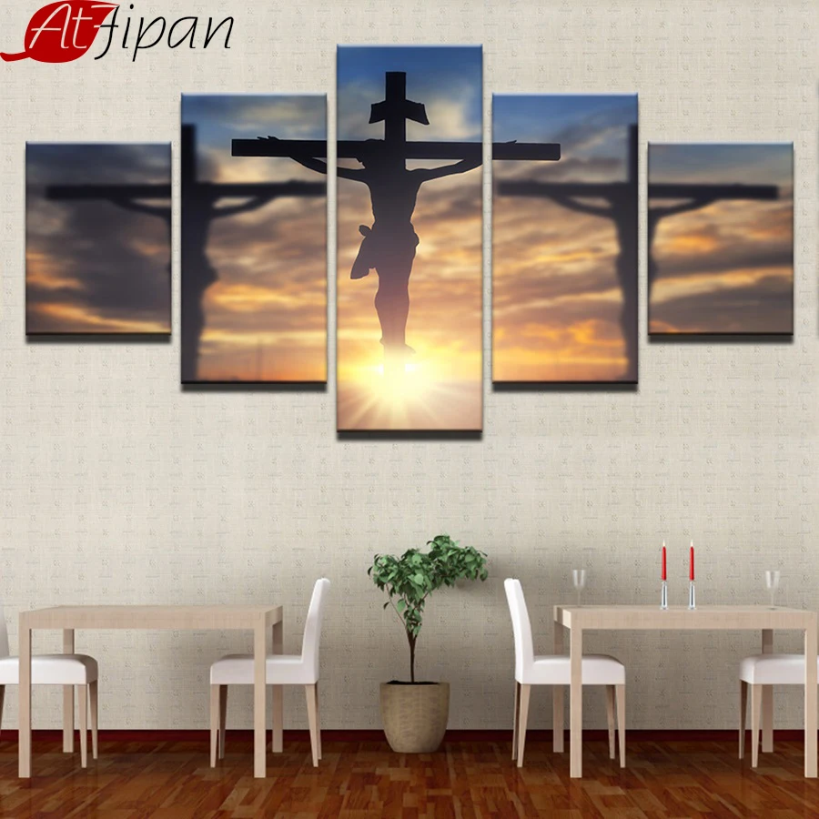 

Canvas Paintings Wall Art Framework 5 Pieces Jesus Christ Cross Pictures HD Prints God'S Divine Light Posters Living Room Decor