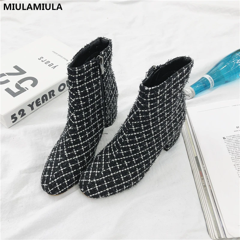 

MIULAMIULA Brand Designer 2018 Fashion 35-40 Black Plaid Short Ankle Boots For Women Elegant High Square Heels Lady Shoes Zipper