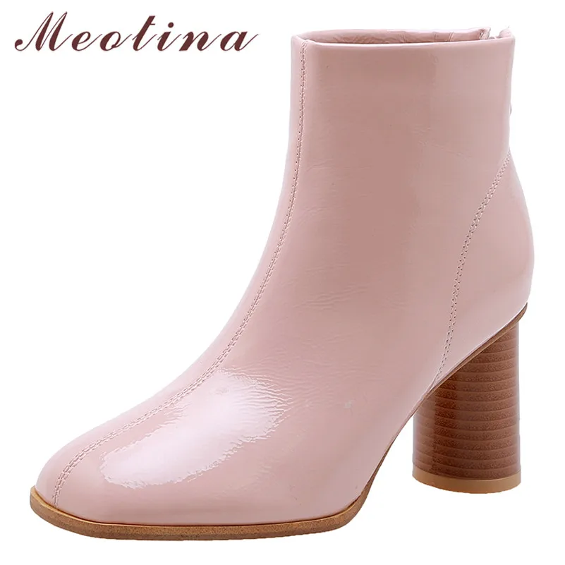 

Meotina Women Autumn Ankle Boots Patent Leather Round High Heel Short Boots Zipper Square Toe Shoes Ladies Winter Plus Size 4-12