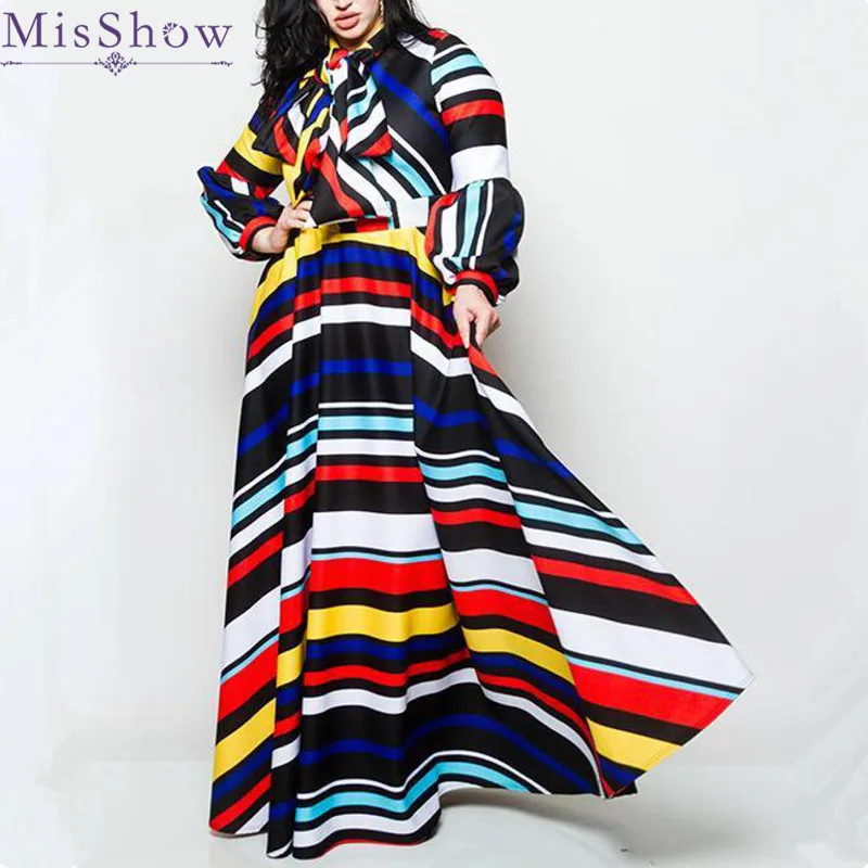 

Misshow Plus Size Women Striped Maxi Dress with Bow Autumn Winter Lantern Sleeve Colorblocked Loose Dress Women Robe Femme