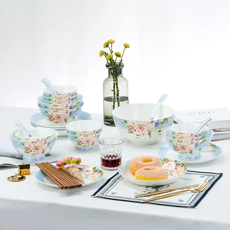 28pcs set, bone china korean dinnerware set, blue floral vintage