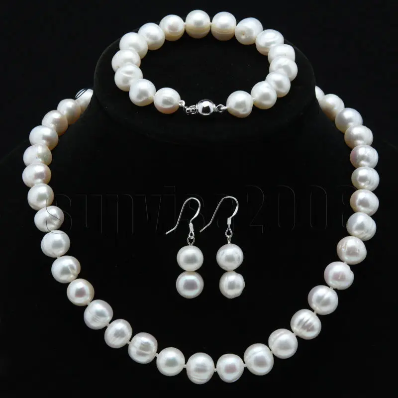 

Hot sell Noble- shippings141 a sets 11-12mm white black fresh water pearl necklace bracelet earrings (A0516)