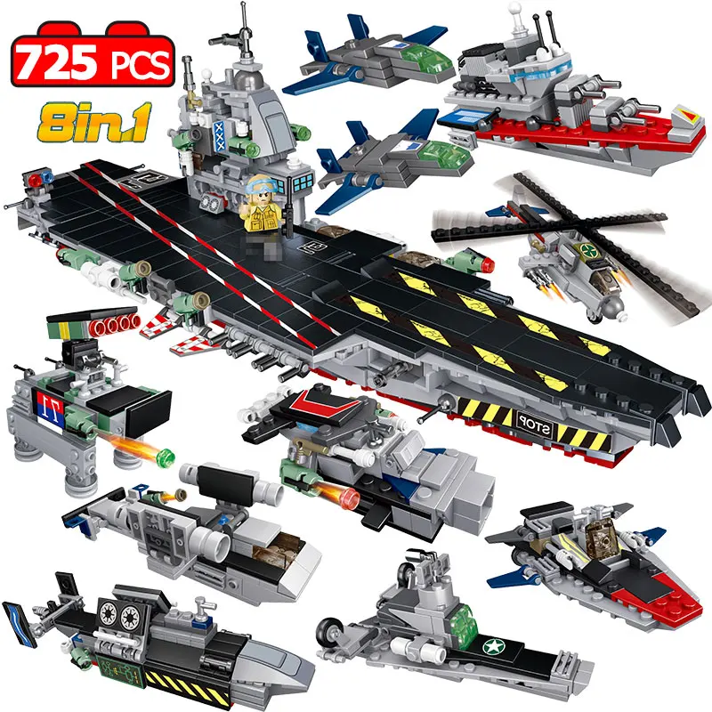 

725Pcs Military Building Blocks Legoings WW2 Helicopter Fighter Car Airplane Destroyer Aircraft Carrier Figures Bricks Kids Toys