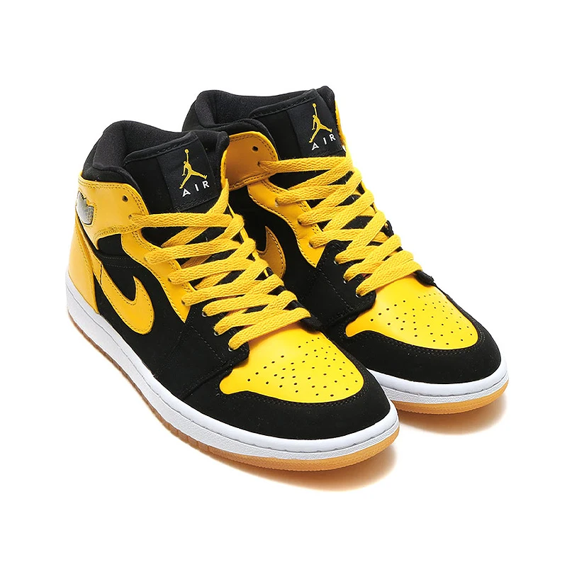 Original New Arrival Authentic Nike Air Jordan 1 Mid AJ1 Black Yellow Joe Men's Basketball Shoes Sport Outdoor Sneakers 554724