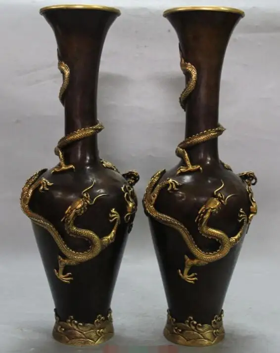 

S02228 15"Marked China Purple Bronze 24K Gold Dragon play pearl Vase Bottle Pair Statue B0403