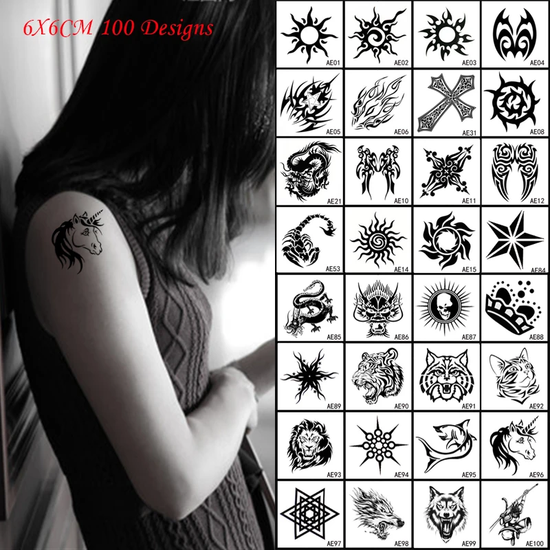 Chaude 6x6 Cm Noir Etanche Temporaire Petit Tatouage Sticekers Dragon Chat Loup Croix Licorne Scorpion Faux Tatouages Body Art 10 Pcs Aliexpress