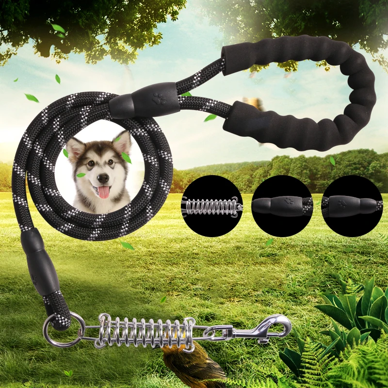 Spring buffer Reflective dog leash Foam handle dog leashes round nylon