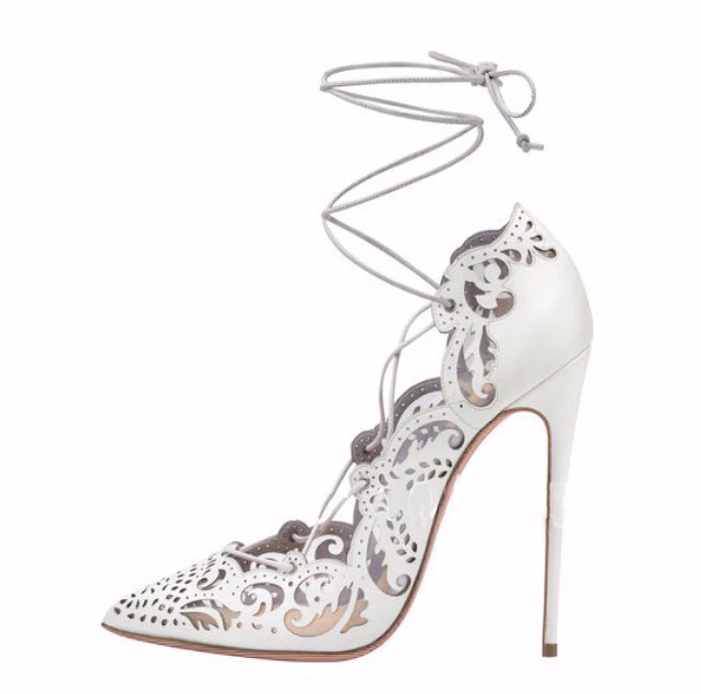 

2018 New fashion pointed stiletto cut-outs women's shoes Ankle Strap sky high heel fretwork pumps solid lace-up sandals