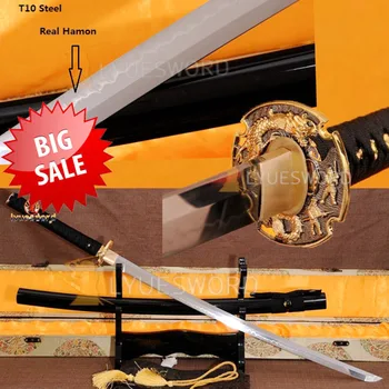 

LYUESWORD Japanese Samurai Sword T10 Carbon Steel KATANA Clay Tempered Real Hamon Full Tang Battle Sharp Blade Dragon Tsuba