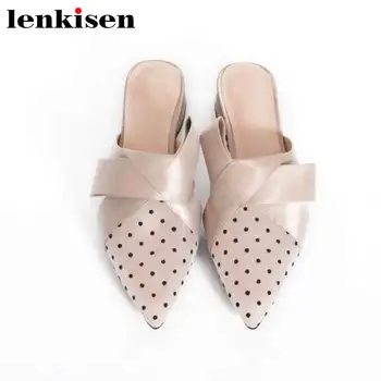 

Lenkisen Princess style summer silk air mesh solid pointed toe polka dot slip on low heels mules fairy party woman sandals L0f2