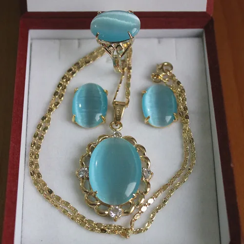 Торговля Элегантный 18kgp инкрустация небесно-синий Опаловый кулон ожерелье серьги и кольцо ювелирный набор нефрит