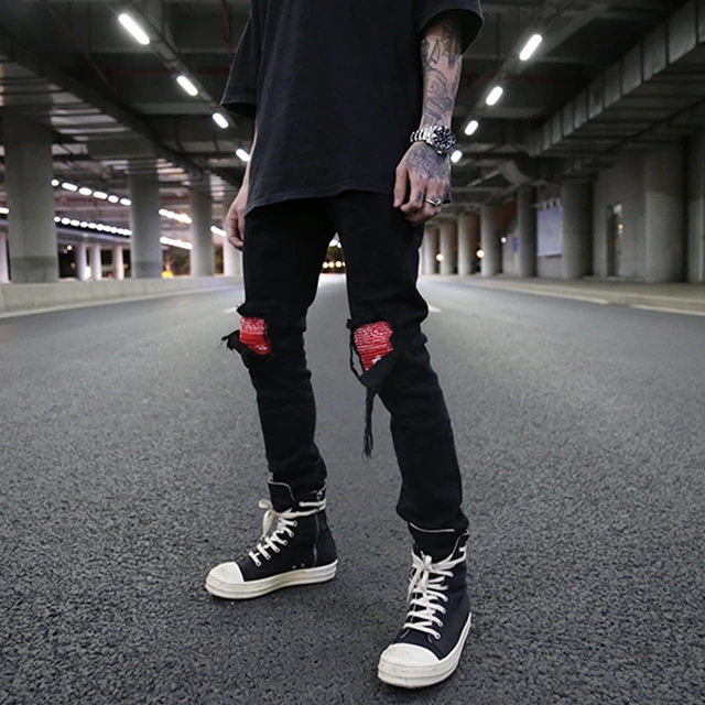 Men Plaid Print Patches Jeans Streetwear Skinny Tapered Stretch Denim Pants  Holes Ripped Patchwork Trousers - AliExpress