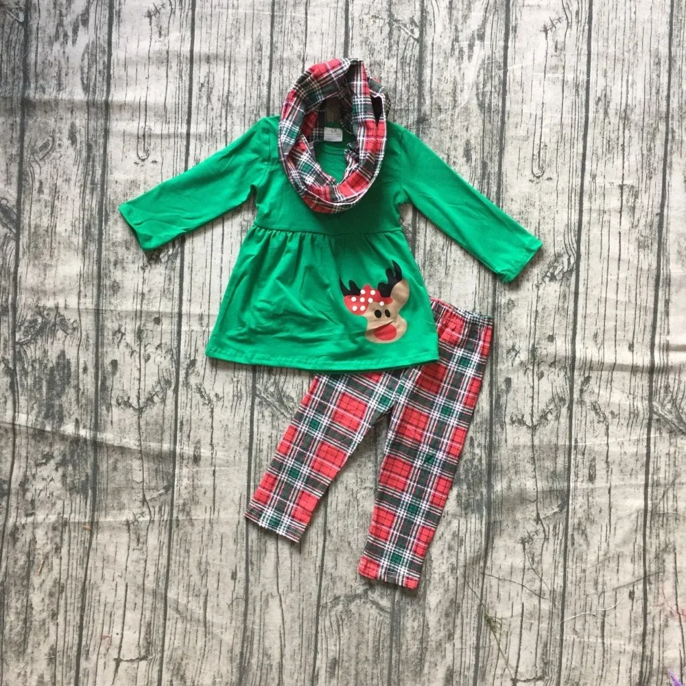 baby girls 3 pieces with scarf sets girls Christmas reindeer print green top with plaid long pants outfits Christmas clothing
