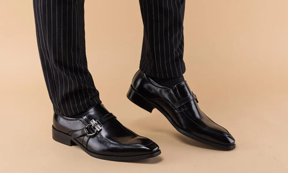 

Man Buckles Black Dark Blue Slip On Real Leather Fashion Dress Wedding Oxfords Shoes 2018 Men Spring Autumn Leather Oxfords