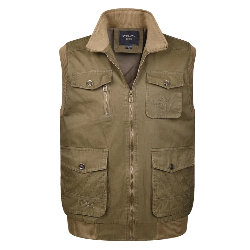 

Solid Cotton Baggy Vest For Men XL-4XL Casual Spring Autumn Stretch Multi Pocket Male Photographer Tool Zipper Sleeveless Jacket