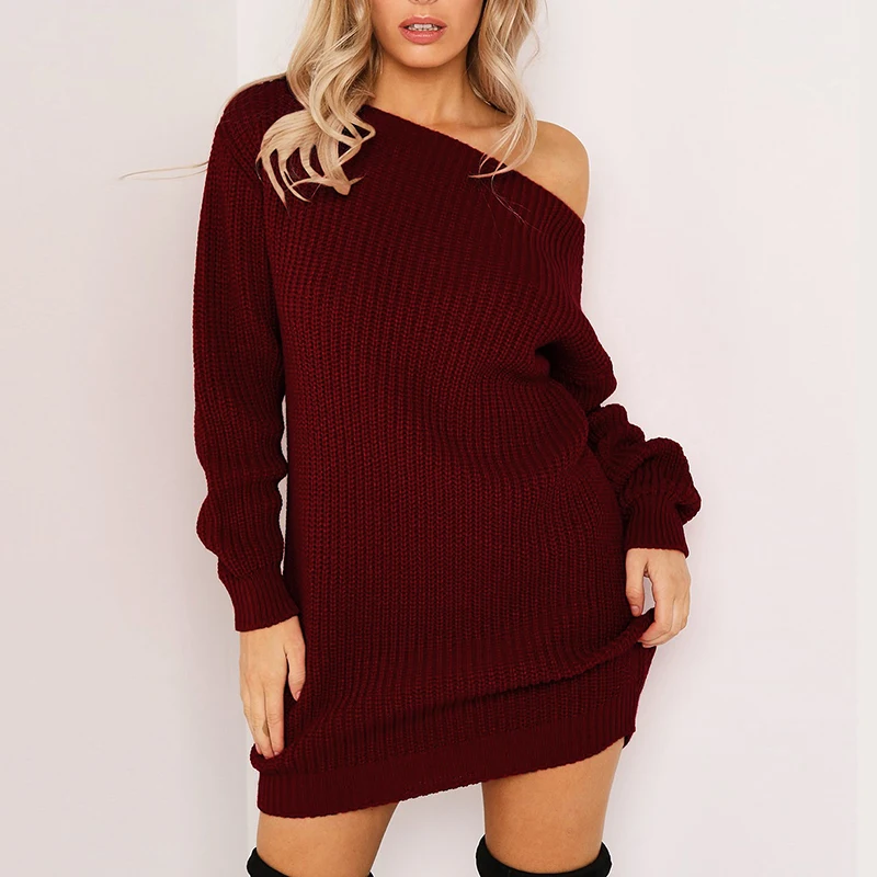 Sexy Off Shoulder Knitted Sweater Dress Women Casual Loose Autumn