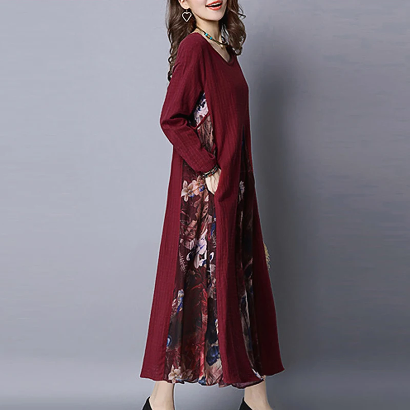 ZANZEA женское винтажное длинное платье с длинным рукавом и цветочным принтом весеннее лоскутное хлопковое льняное Макси платье Сарафан