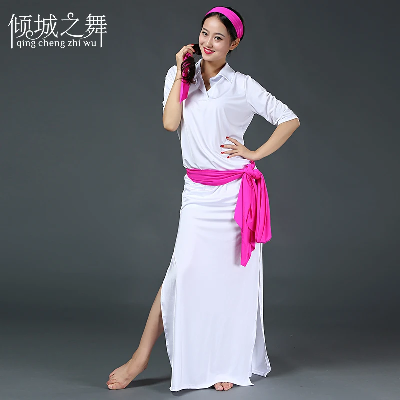 white ZM138 женский костюм для танца живота из спандекса, платье для танца живота, костюм для девочек, костюм для танца живота, Халат+ повязка на голову+ пояс на талии - Цвет: white
