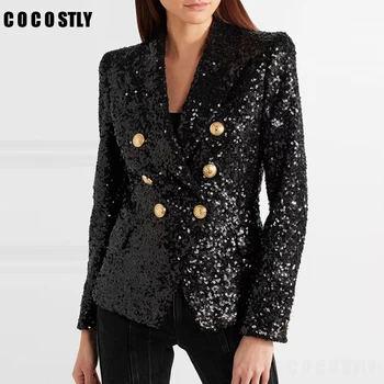 2019 chaqueta Runway las mujeres de doble botonadura de Metal botones de León Brillo de lentejuelas mujeres blazers y chaquetas americana mujer
