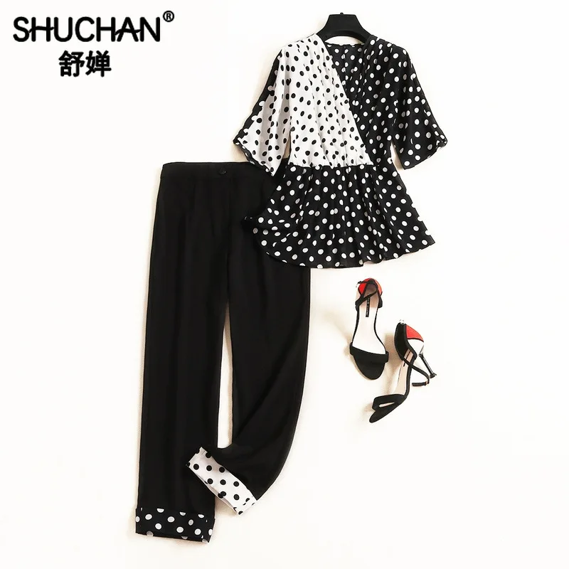 

Shuchan Polka Dot V-Neck Top+ Ankle-Length Pants Korean Style Women Two Piece Set Top and Pants Matching Sets for Women 51502