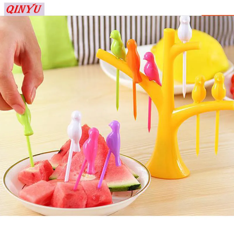 

1 set Bird Tree Birdie Fruit Fork 1 Stand+6 Forks Toothpick Fruit Tool Tableware Dinnerware Set Kitchen Gadget Party supplies 7Z