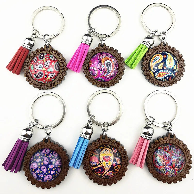 

Jiangzimei 24pcs Mandala mandala Keyring 25mm Wood Cabochon Stainless Steel Keychain with tassels glass Cabochon Wholesale
