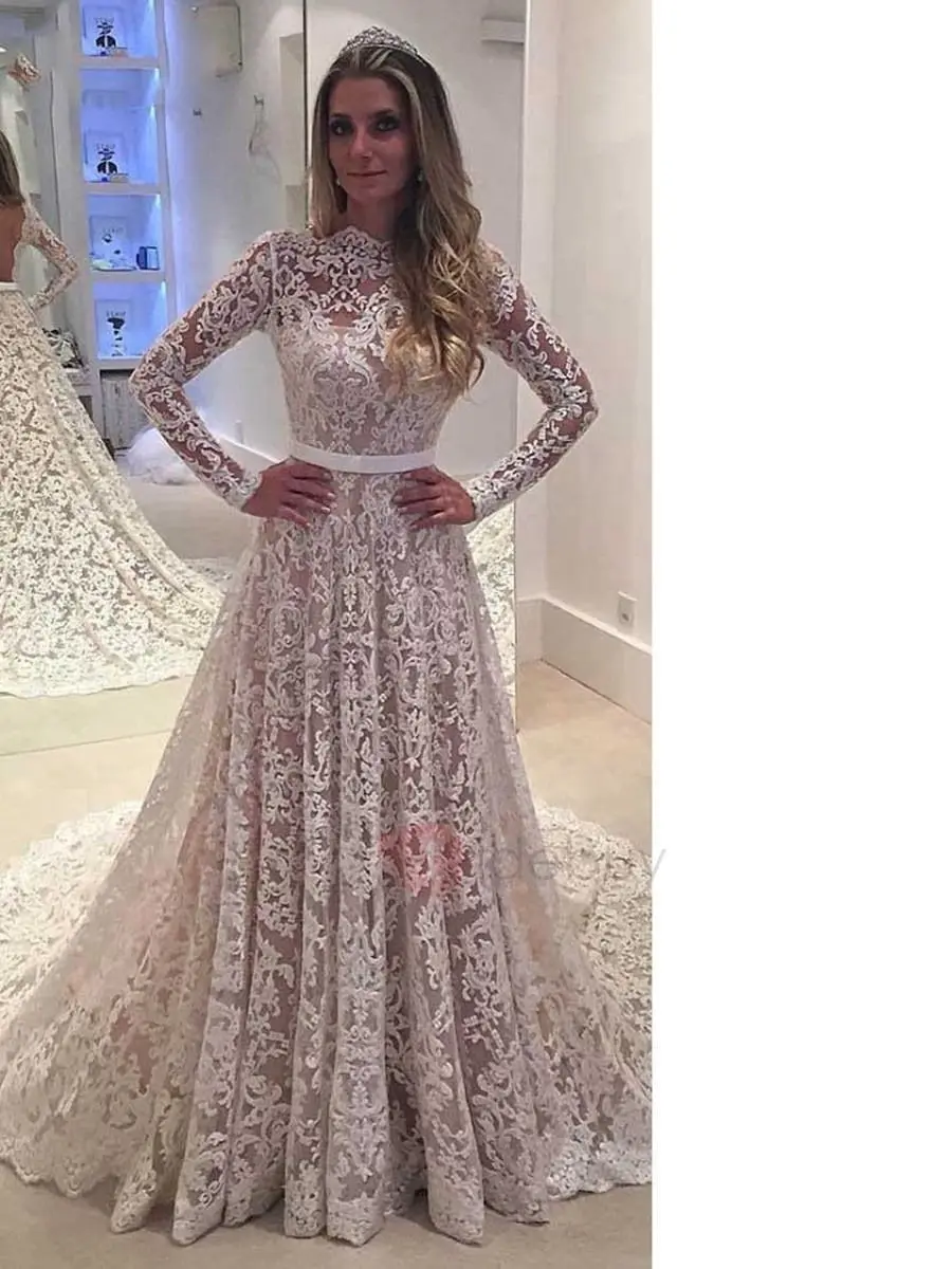 

Lace Vestido De Noiva Muslim Wedding Dresses A-line Long Sleeves Backless Turkey Dubai Arabic Wedding Gown Bridal Dresses
