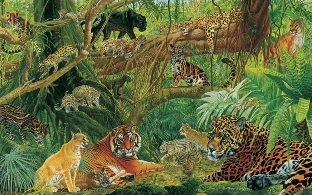 Gambar Indah Abstrak  Kucing  Hutan Hujan 3 Ukuran Dinding 
