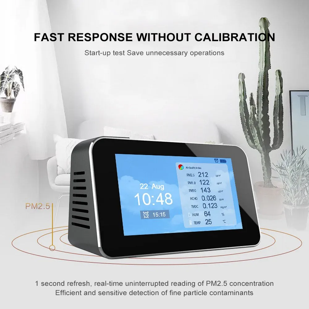 Goede Hcho PM1.0 PM2.5 PM10 Tvoc Formaldehyde Lucht Kwaliteit Detector Temperatuur Meter Hygrometer Engels Lcd scherm Usb Opladen