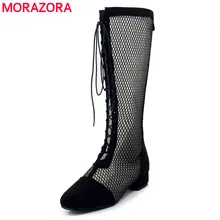 MORAZORA/Большие размеры 33-43; модные летние сапоги до колена на шнуровке с вырезами Женские черные повседневные женские сандалии