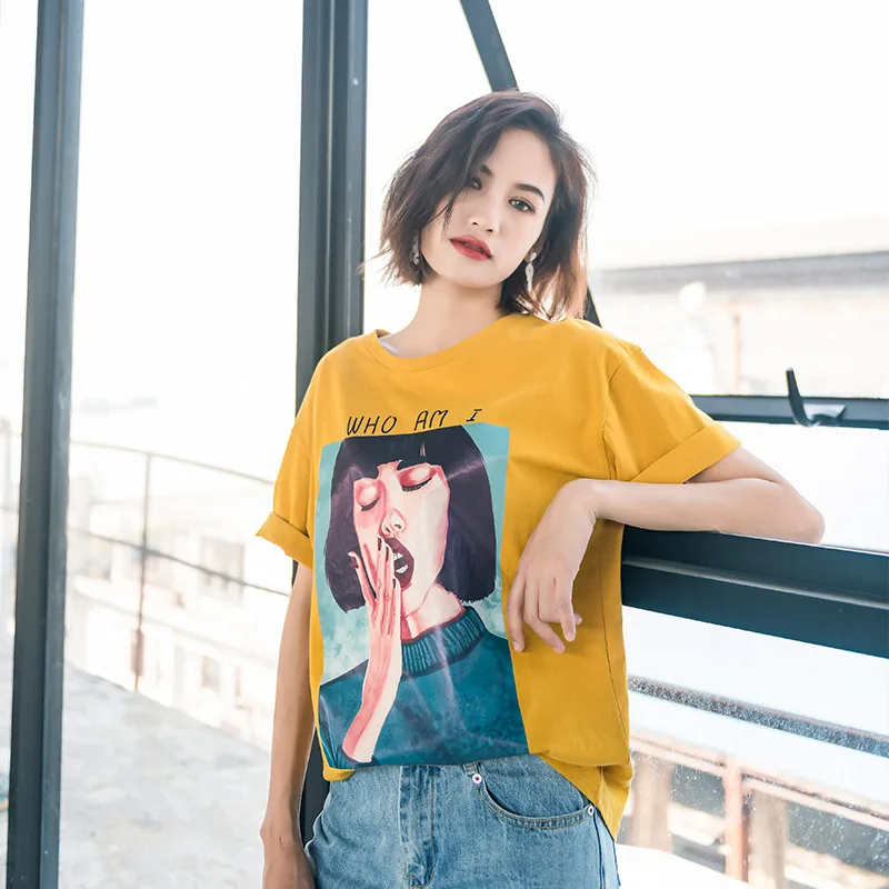 

Summer New Women's T-shirt Short-sleeved White Yellow Street Short-sleeved Loose Female Wild Fashion Loose Retro Top