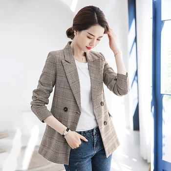 

England Style Women's Plaid Double Breasted Suits Jacket Blazer Notched Collar Female Suits Coat Fashion elegant Outwear Jacket