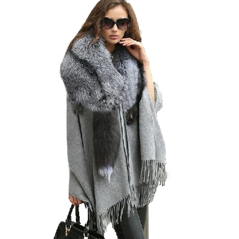 

Opulent Women Sophisticated 100% Real Wool Female Real Whole Silver Fox Fur Ladies Poncho/Scarf /cloak /Coat/cape//Wraps/Shawl/