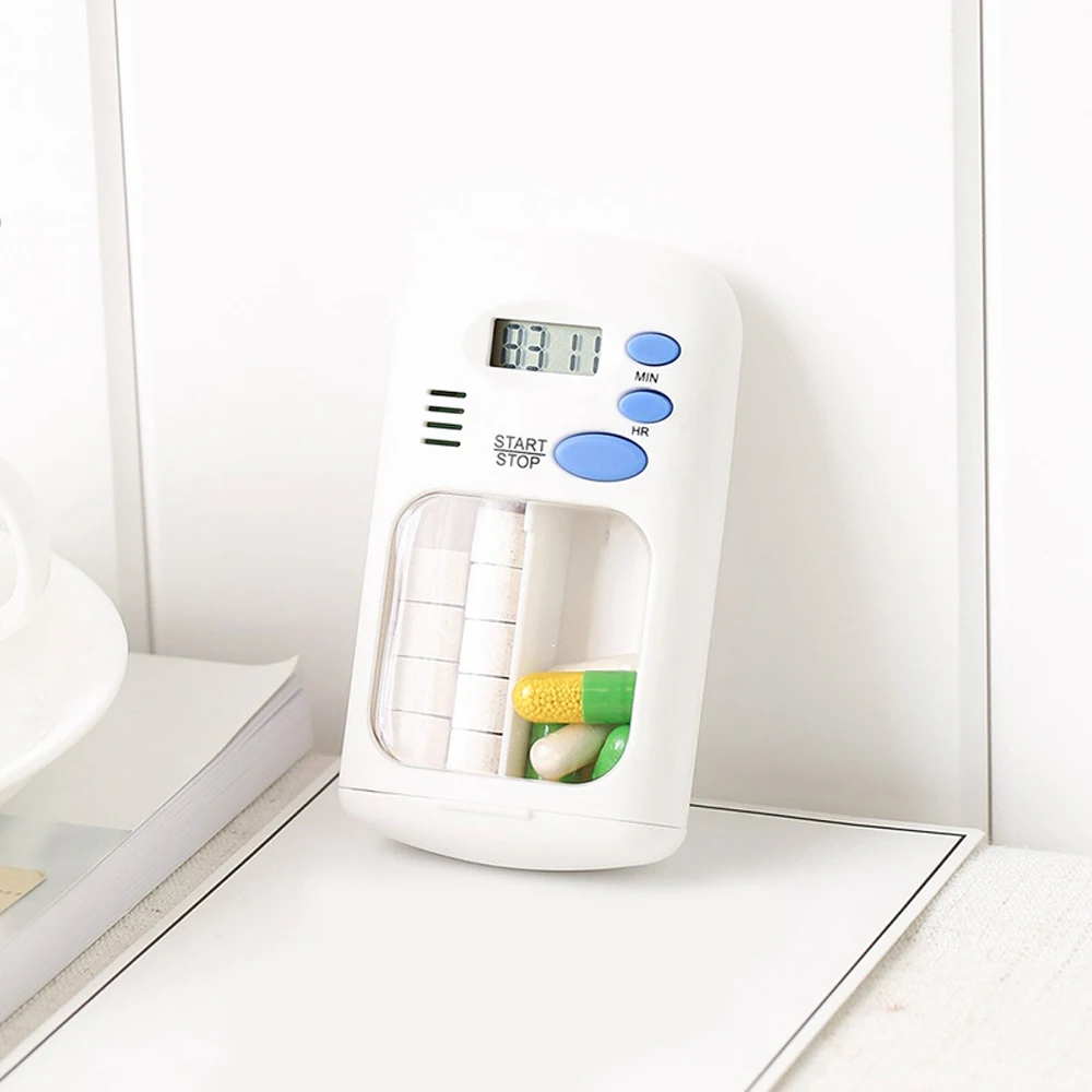 

Portable Electric Alarm Medicine Pill Case White LCD Digital Pill Box Timer With Splitters 2 Grids for Travel Outdoor