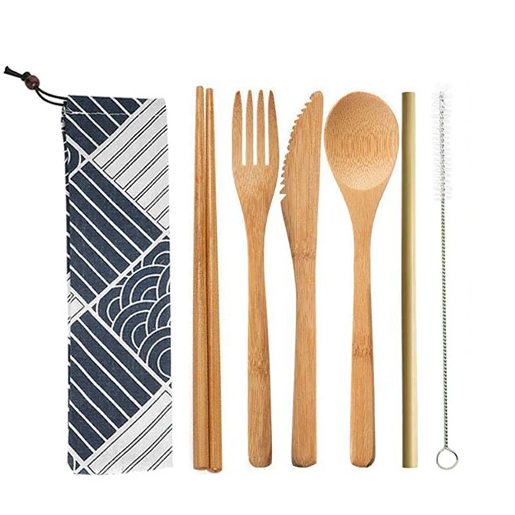 

6/7/8pcs Bamboo Utensil With Cloth Bag Travel Flatware Spoon Fork Chopstick Portable Eco-friendly Cutlery Set Natural Kitchen