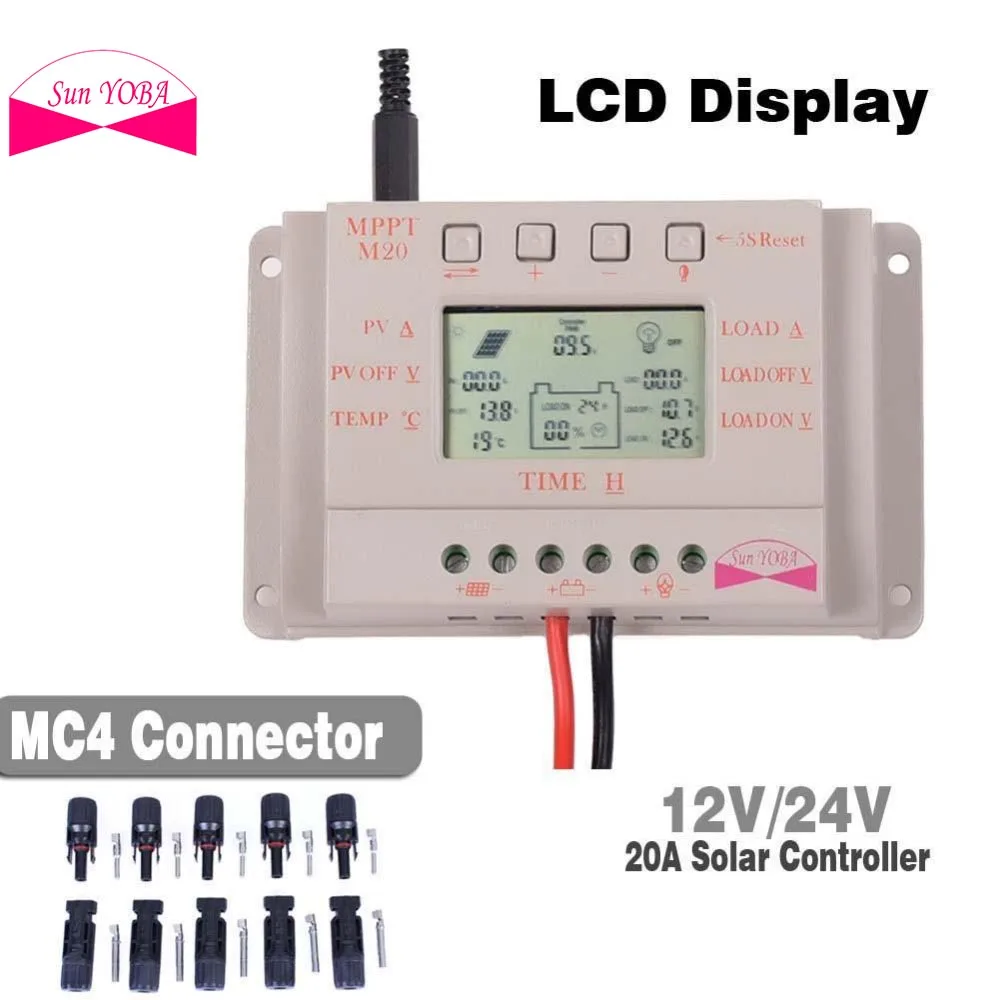 

MPPT Solar Charge Controller 20A LCD Display Solar Regulator 12V 24V + 5 pair M/F Safety Seal Ring Waterproof Connector