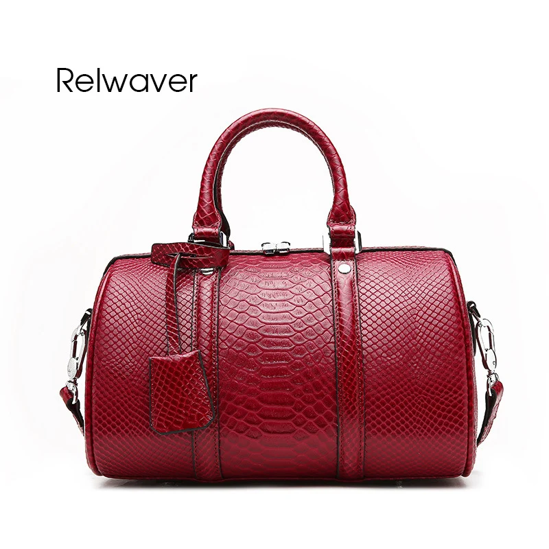 

Relwaver women genuine leather handbags vintage sytle boston tote bag luxurious python pattern natural cow leather shoulder bag