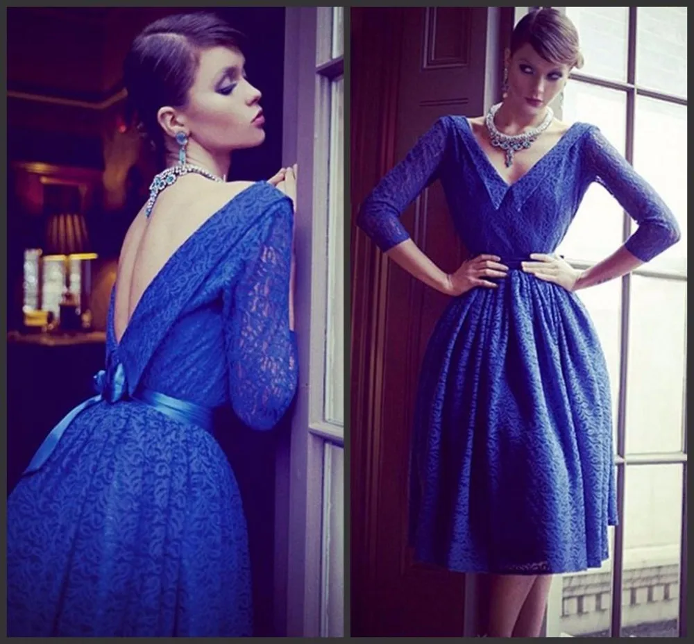 

New Royal Blue Lace Short Prom Dresses 2015 Sexy Backless 3/4 Sleeve Plus Size knee-length Evening Party Dresses v-neck sashes