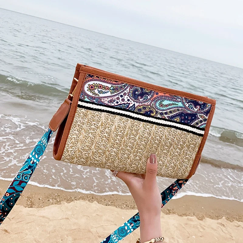 LJL-Boho сумка из ротанга, Соломенная пляжная сумка, Женская этническая сумка на плечо с цветным ремешком, сумки через плечо для женщин