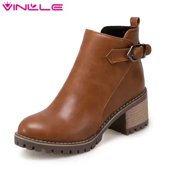 

VINLLE 2020 Women Boots Shoes Ankle Boots Zipper Square Med Heel Simple And Fashion Style Ladies Motorcycle Shoes Size 34-43