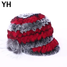 Женский зимний Настоящий мех кролика шапка натуральный Мягкий Кролик Рекс Меховые шляпки леди вязаный теплый Настоящий мех кролика шапки