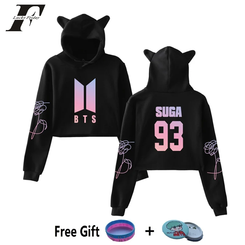 LUCKYFRIDAYF 2018 BTS альбом Love Yourself Tear поддельные любовь Kpop с длинным рукавом укороченные толстовки Толстовка кошка пуловер капюшоном