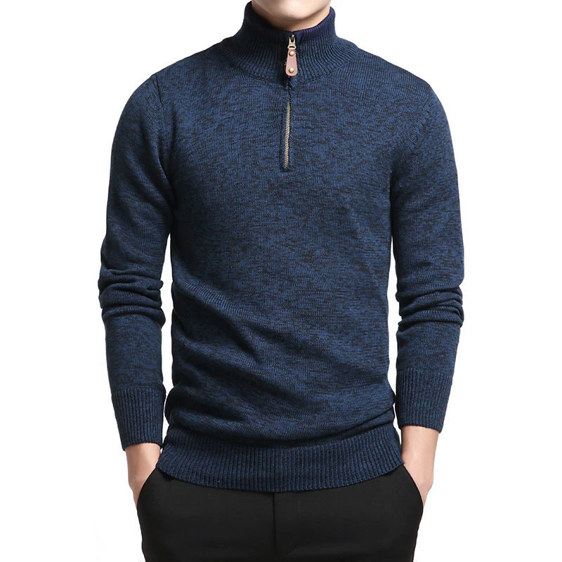 Вязаный мужской свитер с высоким воротником, хлопковый Мужской пуловер с длинным рукавом, мужские свитера и пуловеры на молнии, трикотажная одежда, пальто 3XL - Цвет: Blue