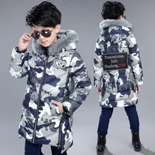 Зимняя куртка для мальчика, г., камуфляжное длинное плотное хлопковое пальто с меховым капюшоном Детская парка, одежда для мальчиков-подростков 10, 12, 14 лет