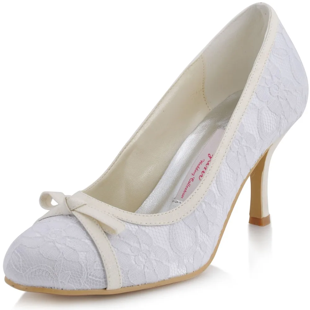 

EL-029 White Ivory Women Wedding Bridal Pumps Round Toe High Heels Bowtie Satin Lady Bride Lace Party Prom Shoes