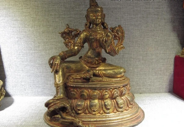 

song voge gem S1519 Tibet temple purple Bronze Copper Gilt Green TaRa Kwan-Yin GuanYin Buddha Statue