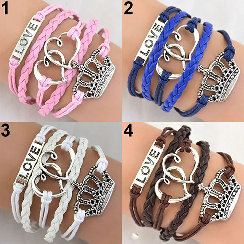

Women's Multi-layer Braided Double Heart Love Crown Faux Leather Bangle Bracelet